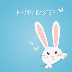 Easter greetings. Happy Easter card. For leaflets, brochures, invitations, posters or banners. Funny rabbit on light blue background.