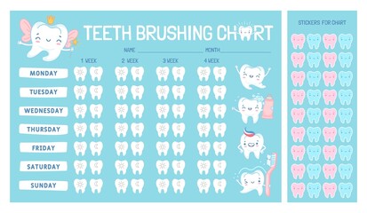 Teeth brushing chart calendar for kids with cartoon character. Cute tooth fairy, brush and paste. Children dental care vector infographic