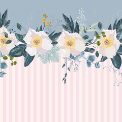 Horizontal striped pattern with white peonyes, leaves, bud and herbs. Cute wedding floral vector design frame. Banner stripe element. Light tender background.