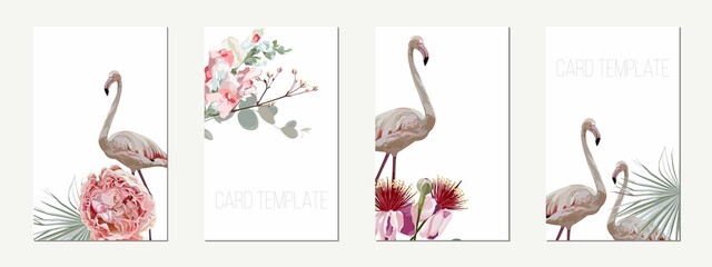 Exotic  flamingo birds with leaves and flowers. Beal to beak. Card template set. Mating season. Detailed vector design illustration. Valentine. - 481636476