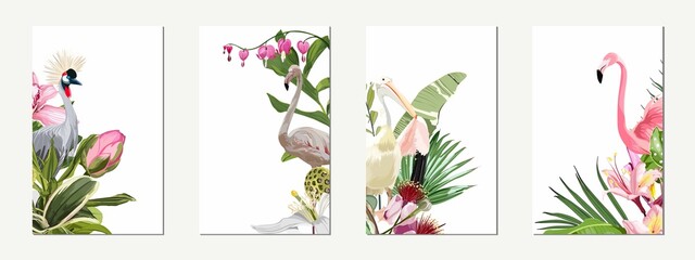 Exotic  flamingo birds with leaves and flowers. Beal to beak. Card template set. Mating season. Detailed vector design illustration. Valentine. © Iuliia