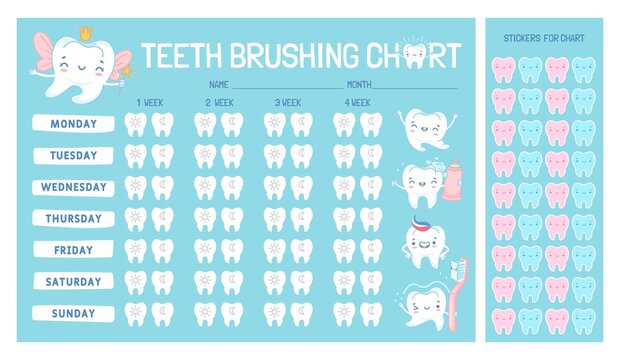 Teeth brushing chart calendar for kids with cartoon character. Cute tooth fairy, brush and paste. Children dental care vector infographic