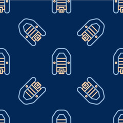 Line Inflatable boat with outboard motor icon isolated seamless pattern on blue background. Vector