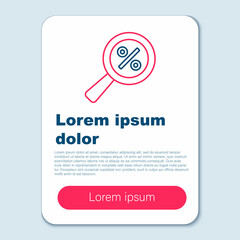 Line Magnifying glass with percent discount icon isolated on grey background. Discount offers searching. Search for discount sale sign. Colorful outline concept. Vector