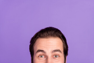 Portrait of handsome good-looking man with perfect hair barbershop groomed isolated on violet color background