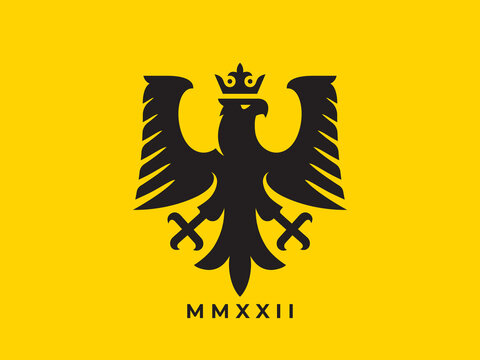 Heraldic eagle icon. Falcon with crown heraldry logo design. Insignia black hawk symbol. Royal coat of arms bird emblem. Vector illustration.