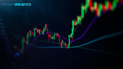 The market volatility of crypto trading with technical price graph and indicator, red and green...