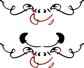 Linear cartoon faces, similar to a monkey - two options. Expressive faces with a smile on a white backdrop for your creative compositions, web icons, embroidery, print, cartoon characters, cards, etc.