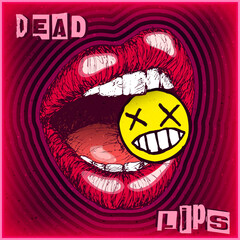 Hand drawn punk red lips mouth biting a funny dead emoticon face vector illustration isolated on red gradient ring ripple colored background.