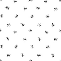 Ant Vector Seamless Pattern. Black little ants on a white isolated background. Monochromic background. Cute hand drawn seamless pattern with Insects, pest. Vector illustration.