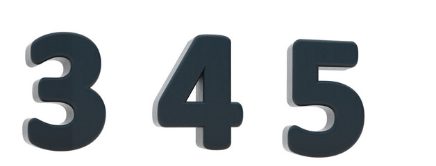 Black rubber. Numbers 3, 4, 5 . Alphabet 3d render. Isolated in white background. Path save.