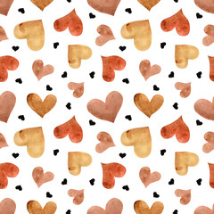 Seamless pattern of watercolor scarlet and black hearts. A symbol of love, watercolor hearts isolated on a white background.