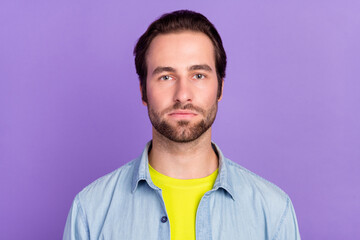 Portrait of young handsome man visit barbershop groomed haircut brown hair isolated on purple color...