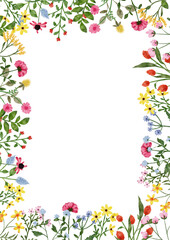 Watercolor wildflower border. Botanical spring summer flowers frame. Garden floral greenery wild flowers for wedding invitation. Nature wild herbs design card template illustrations - 481638655