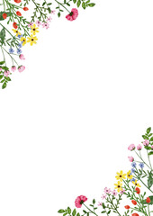 Obraz na płótnie Canvas Watercolor wildflower border. Botanical spring summer flowers frame. Garden floral greenery wild flowers for wedding invitation. Nature wild herbs design card template illustrations