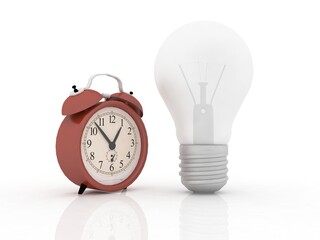 3d illustration bulb white electric bulb with alarm clock
