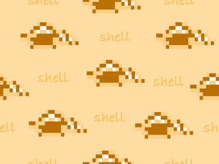 Shell cartoon character seamless pattern on yellow background.Pixel style