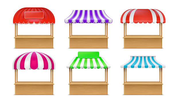 Realistic empty wood market booth with striped awning. Wooden street fair stall. Grocery, fruit or bakery kiosk with canopy roof vector set