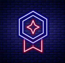 Glowing neon line Game rating with medal icon isolated on brick wall background. Level results for game. Colorful outline concept. Vector