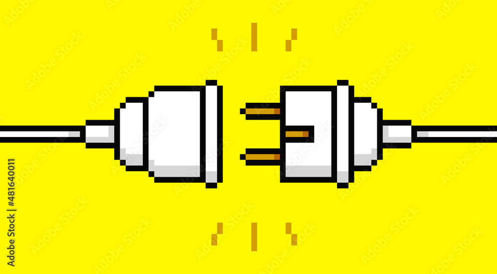 Poster pixel art electric plug with socket concept 404 error, lost connection, page not found - vector temp