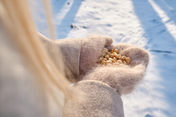 A girl in mittens holds a handful of hazelnuts in her hands on a bright sunny winter day. Food for forest dwellers. Winter atmosphere
