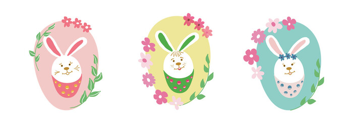 Easter Bunny multi-colored egg with a face and smiles, banner. Happy easter background