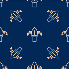 Line Classic iron fence with metal pillars icon isolated seamless pattern on blue background. Ancient wrought iron fence. Vector