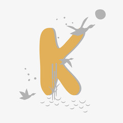 Minimalistic pattern in an oriental style in form of letter K. Flock of birds, ducks flying, reeds growing by lake. Abstract objects, spots, points, shadows. Vector illustration, for logo design