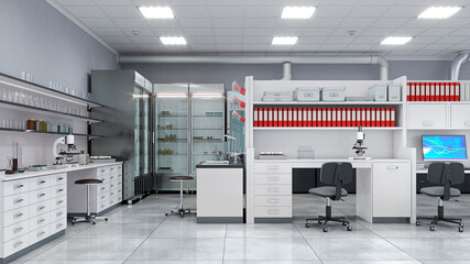 Light laboratory interior with equipment. 3d illustration