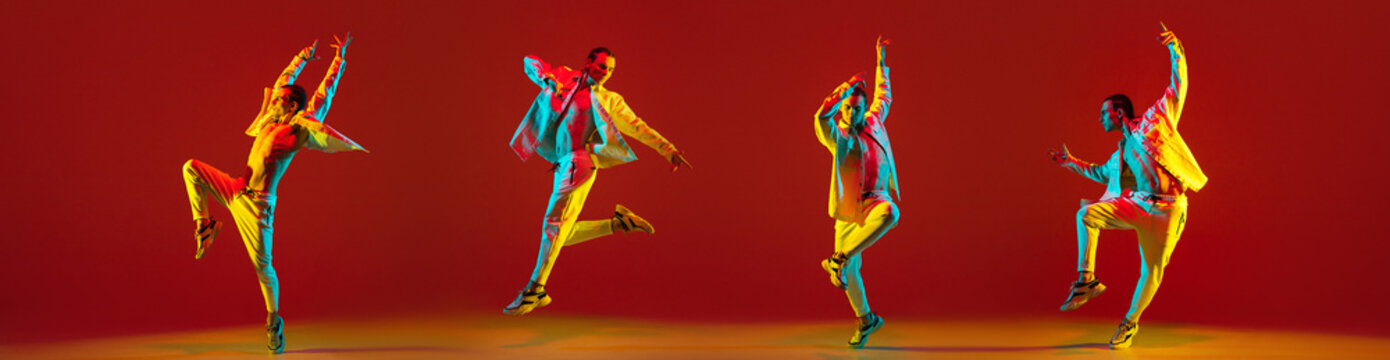 Collage. Full-length portraits of young boy in motion, dancing contemp style, hip-hop isolated over red background in neon light