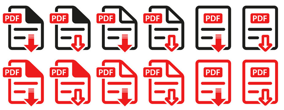 Set of PDF file icons. PDF file download sign, file format symbol. Archive business concept, document text. Download and save. Web doc.