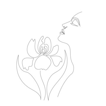 line drawing faces, fashion concept, woman beauty minimalist, vector illustration for t-shirt, slogan design print graphics style with flower pion