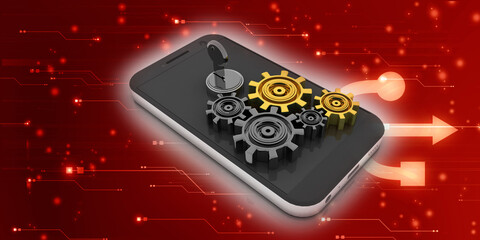 3D rendering illustration .gears with mobile protection key

