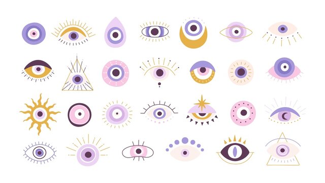 Magic greek evil eye talisman abstract designs. Mystic ethnic luck souvenir bead. Esoteric eyes amulet for tattoo. Doodle nazar vector set
