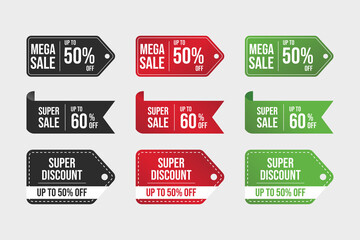 Mega sale badge with green, black, and red color. Big sale special offer, Super Sale badge. Super discount coupon vector. Sale badge set. Discount tag collection. Set labels with inscription sale.