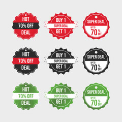 Hot deal badge with green, black, and red. Discount tag collection. Buy one get one badge set. Super deal coupon vector. Set labels with inscription sale. Sale banner badge. Special discount tags.