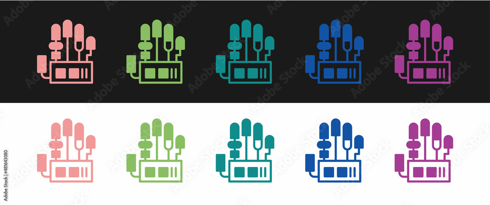 Poster set mechanical robot hand icon isolated on black and white background. robotic arm symbol. technolog