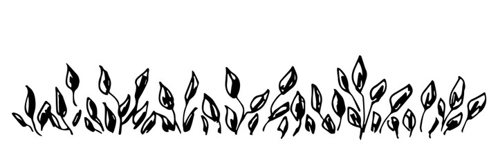 Simple hand-drawn vector drawing in black outline. Long border banner leaves, twigs, vegetation, summer nature. Foliage, petals. Floral ornament for product decoration. Ink sketch.
