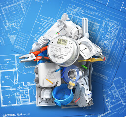 Electric components in form of house  on a blueprints background. 3d illustration