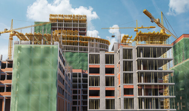 Residential buildings under construction on a sunny day with a blue sky. 3d illustration