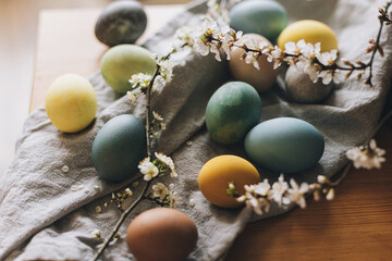 Happy Easter! Easter eggs on rustic table with cherry blossoms. Natural dyed colorful eggs on linen napkin and spring flowers in rustic room. Countryside still life. Atmospheric image