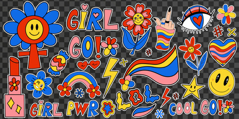 Girl power set of modern stickers, patches, badges. Feminism. Female power and solidarity, women's collection of retro 70s hippie style elements. GRL PWR hand lettering. Vector illustration