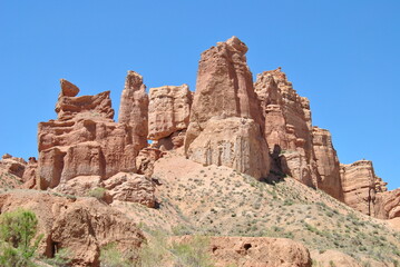 Charyn Canyon in Kazakhstan. Valley of castles in Kazakhstan. An analogue of the American Grand Canyon. Aeolian landforms. Colorful stone mountains in the desert. Desert. Plain.