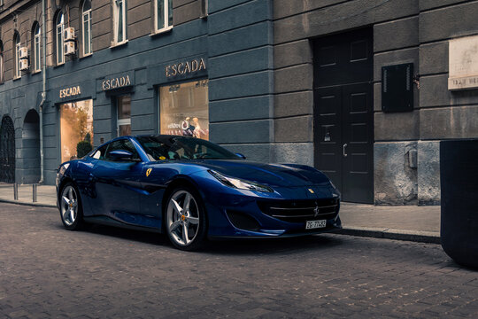Italian supercar Ferrari Portofino finished in blue. Kyiv, Ukraine - September 2021.