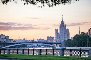 The High-rise building on the Kotelnicheskaya Embankment of Moskva river called "Stalinist skyscraper" on the evening light at sunset.