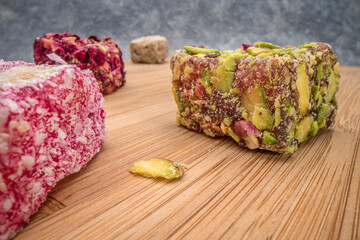 pieces of traditional Turkish delight (lokum) - soft, juicy, and chewy dessert from the middle...