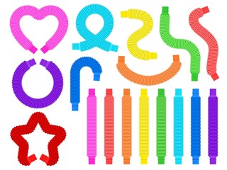 Cartoon pop tubes, trendy fidget plastic toys for kids. Antistress colorful pop pipes for flexible shapes. Children sensory toy vector set