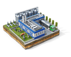 Dairy building, milk factory with enclosure for cows, truck and tanks on a piece of ground, isolated on white background, 3d illustration