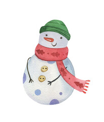 Cute funny winter cartoon character watercolor snowman with a gift present hand drawn in aquarelle isolated on white background.