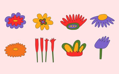 vector set collection of hippie flowers.Summer psychedelic plants in 70s and 80s style. Vibrant groovy and funky botanic.Kidcore rainbow tattoo stickers.Vintage festive spring colorful nostalgia